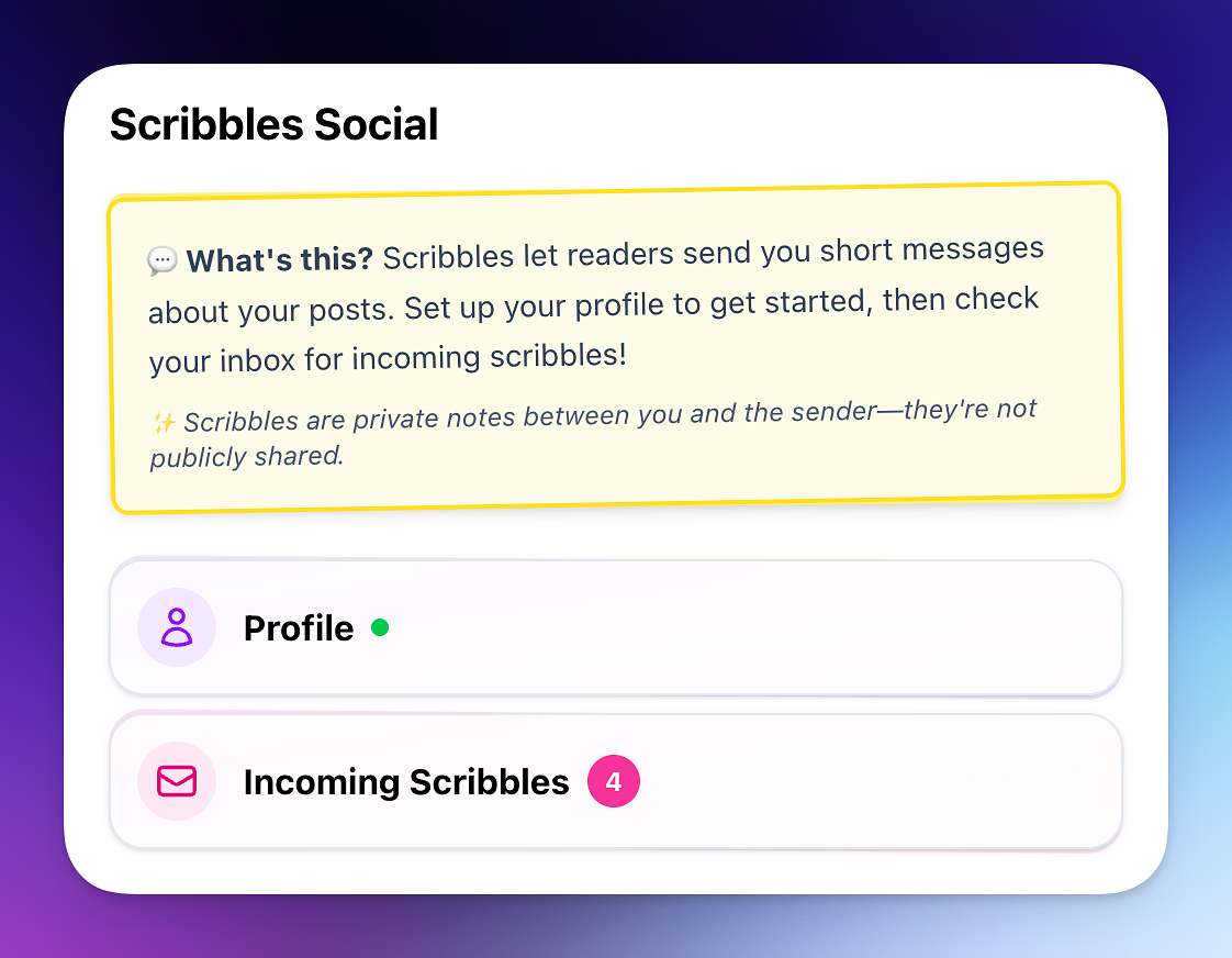 Scribbles Social showing a profile that has been set up and incoming scribbles.