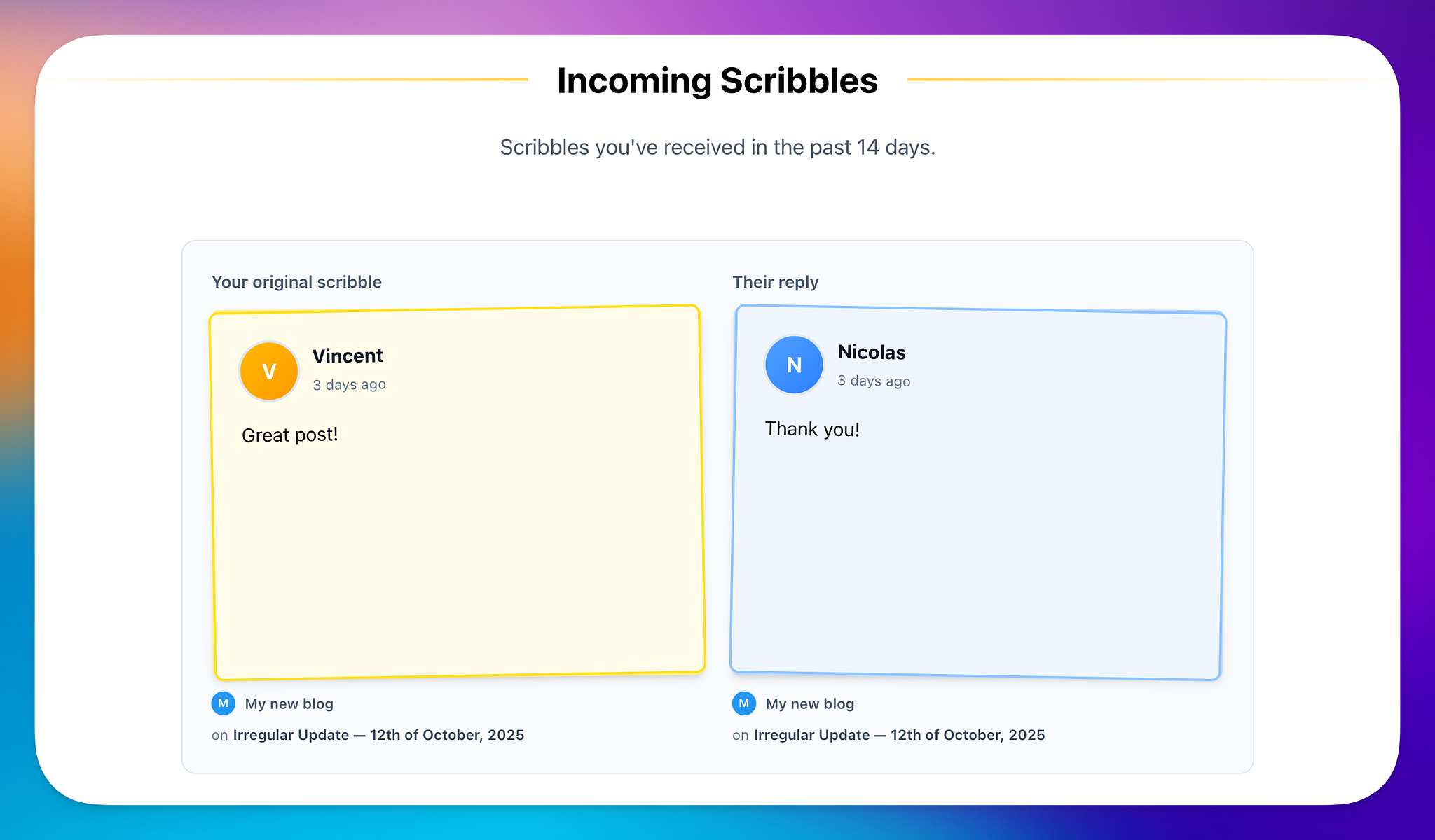 Incoming Scribbles with a reply.