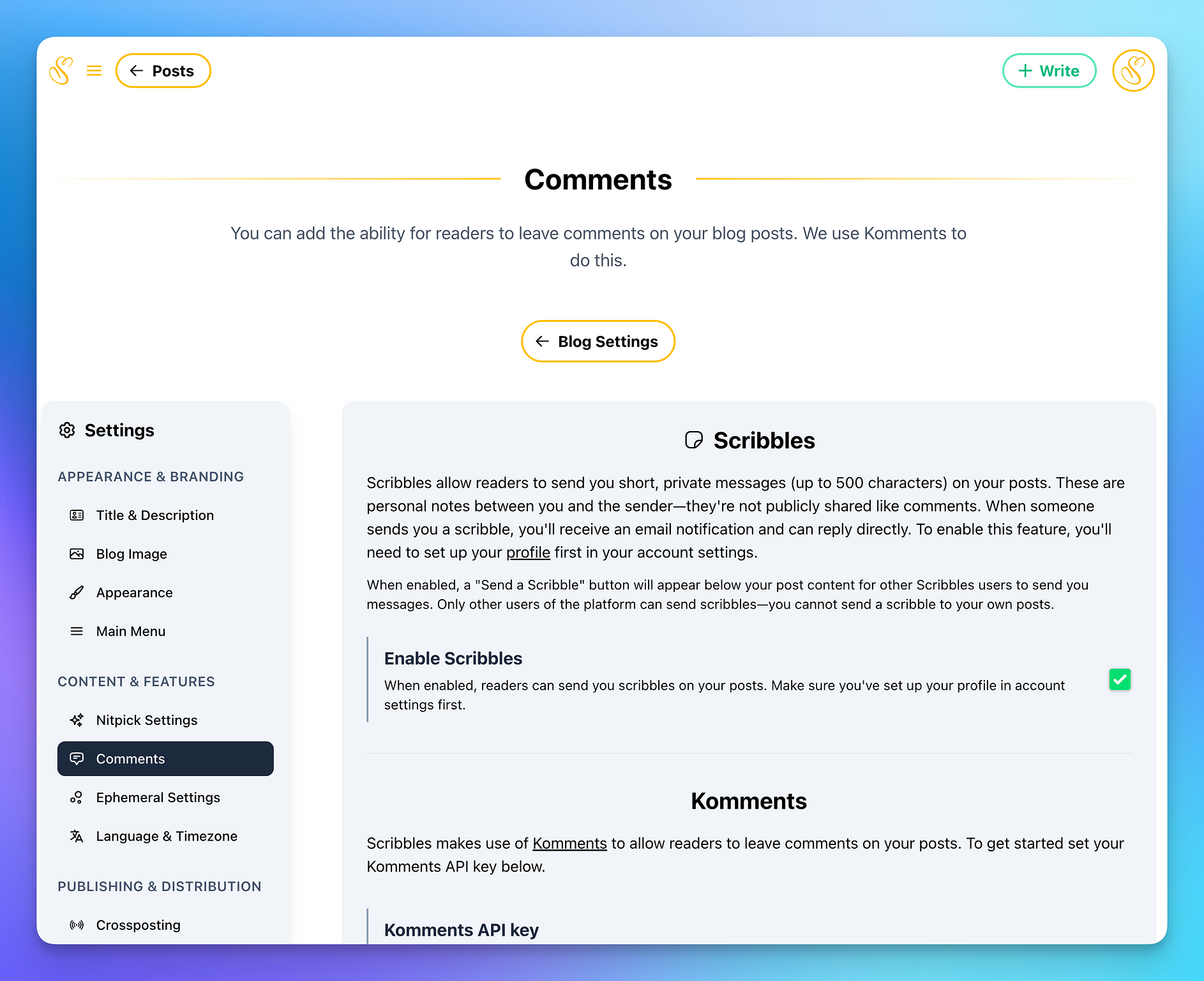 Scribbles settings on blog settings page.