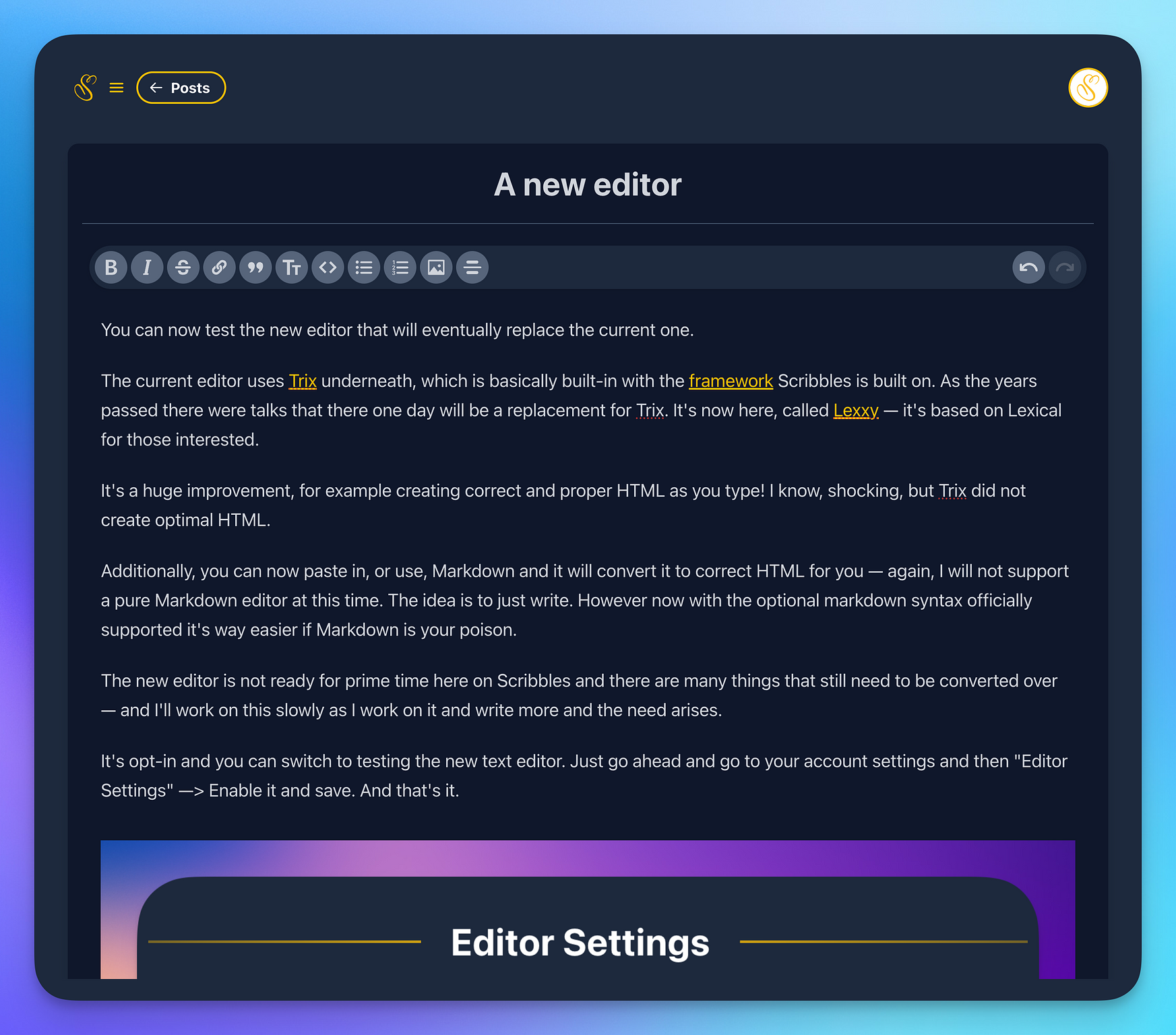 The new editor in dark mode.