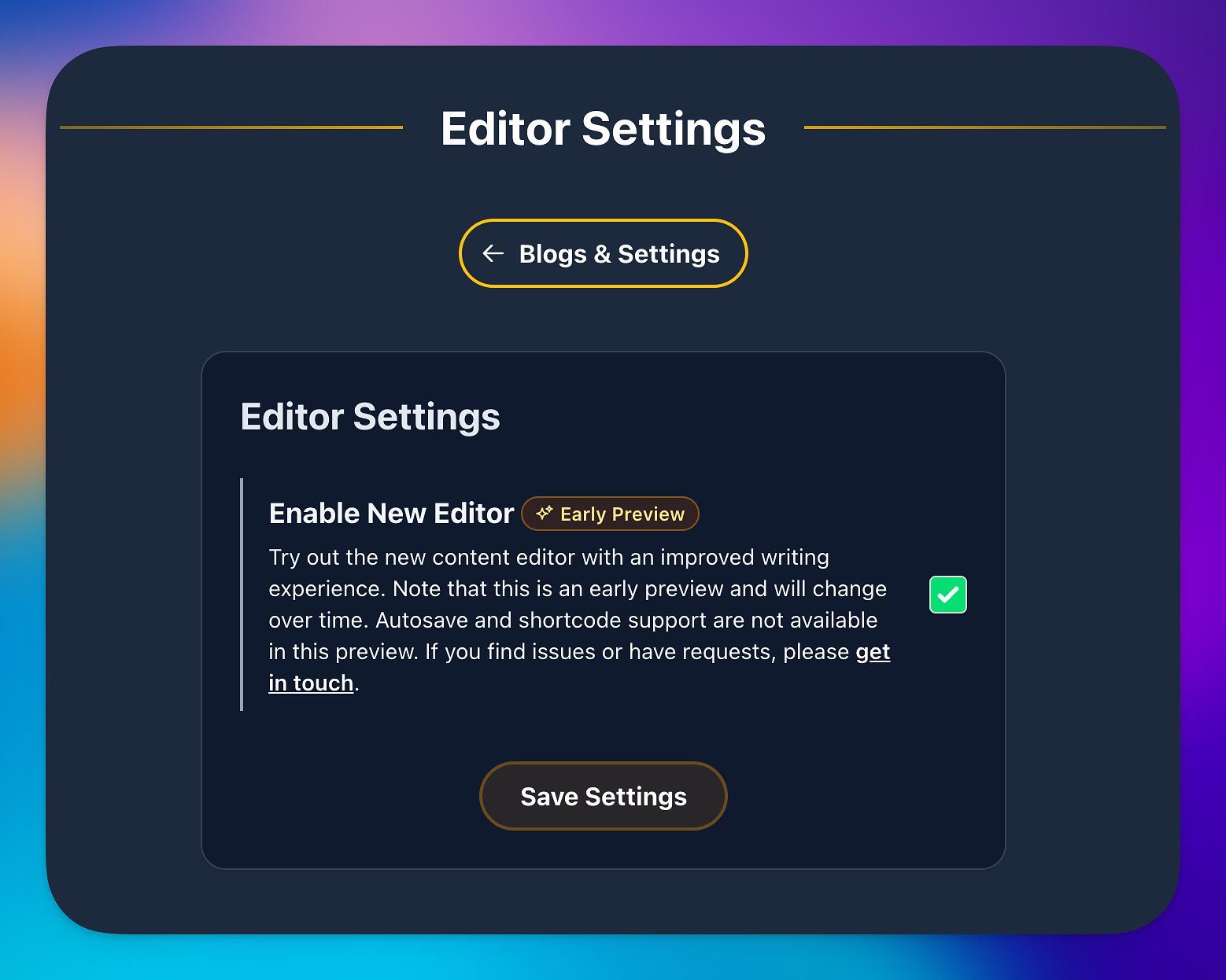 Editor settings page allowing you to enable the new editor.