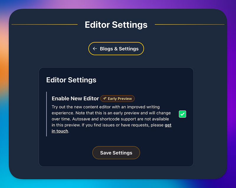 Editor settings page allowing you to enable the new editor.