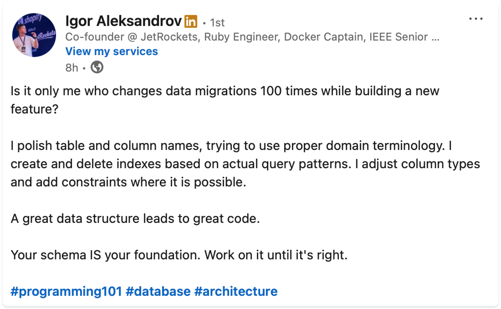 A screenspot of a Linkedin post talking about the importance of using proper domain terminology