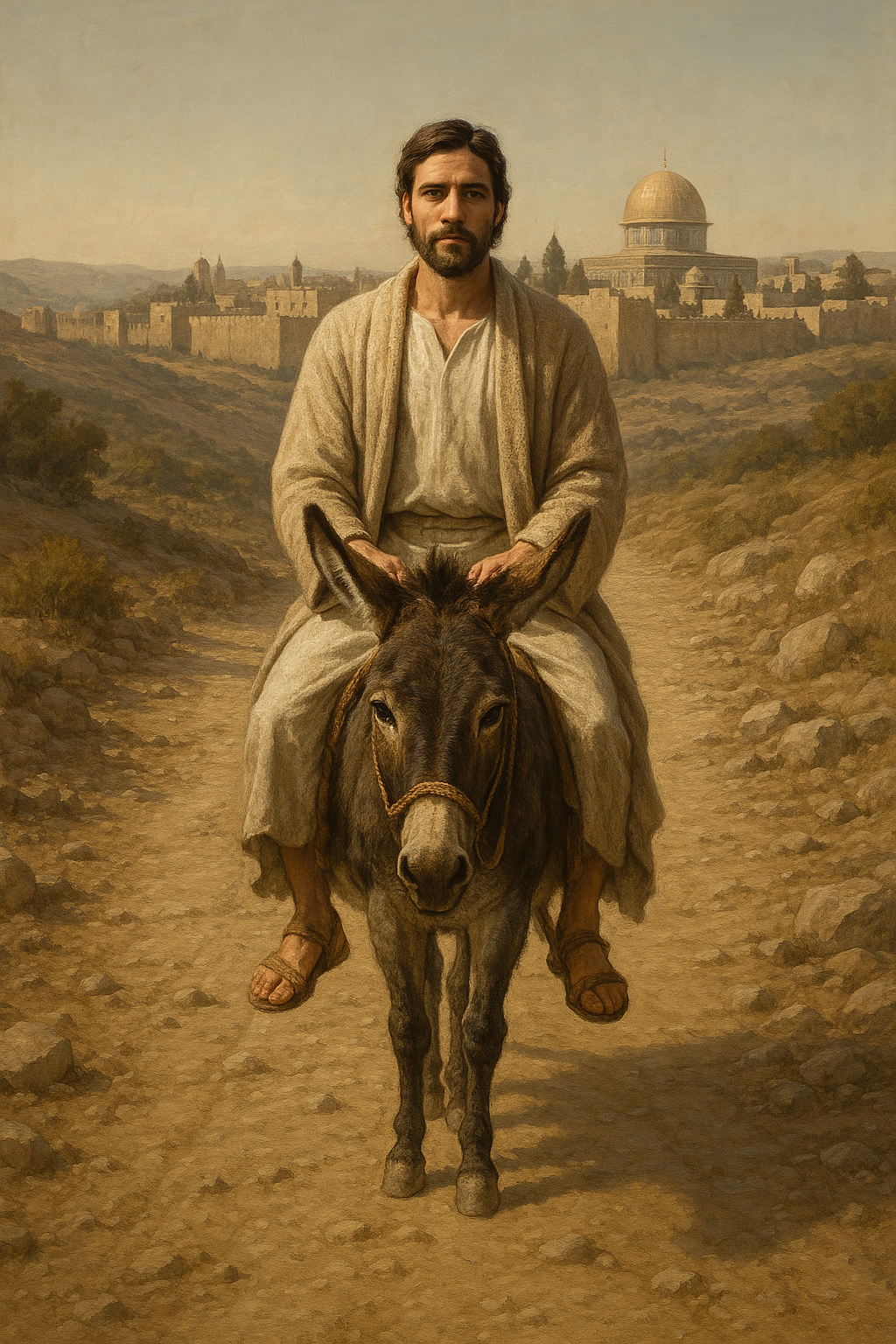 Jesus on a donkey on a dirt road with a cityscape in the background