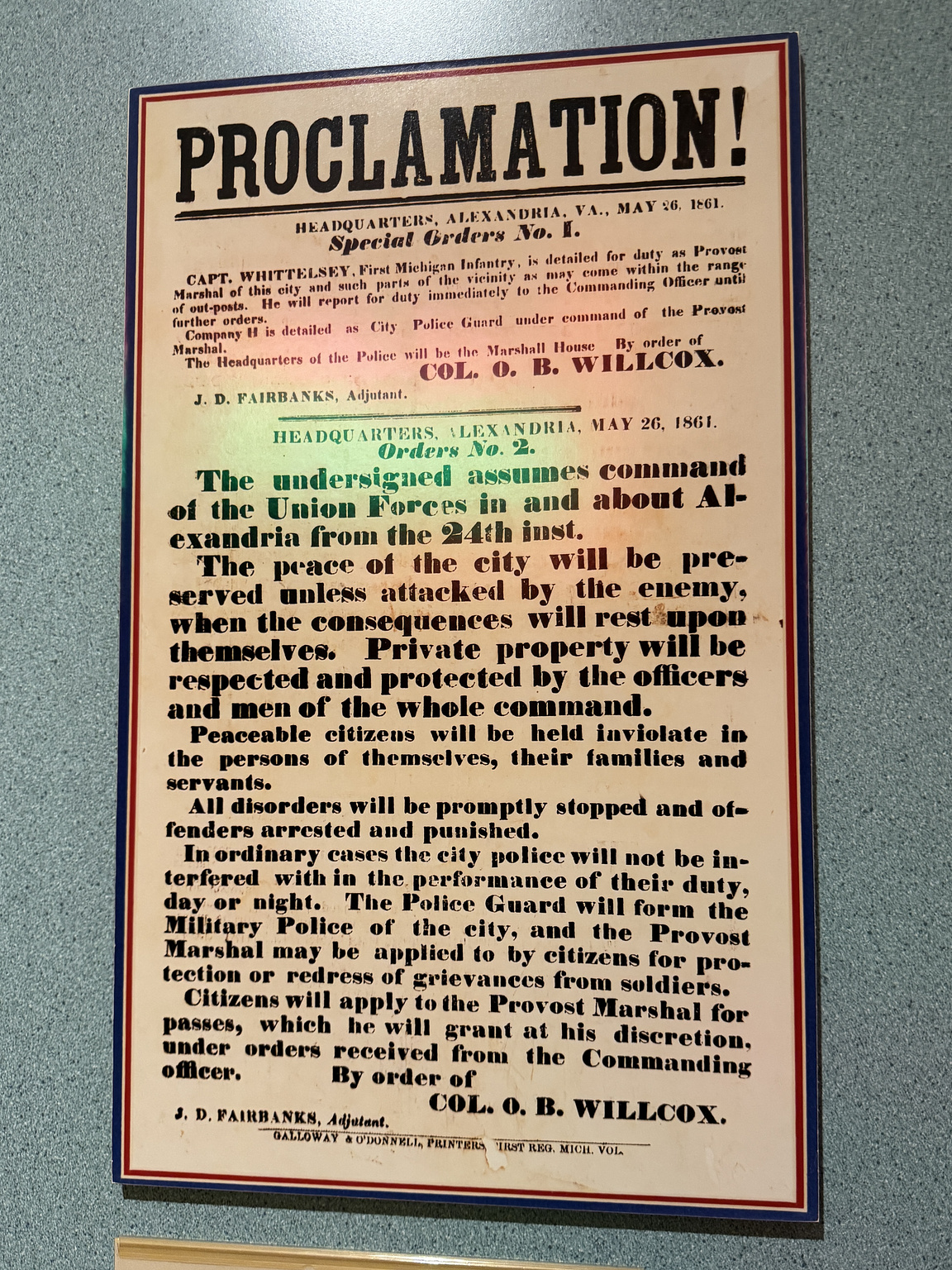 replica of the proclamation made when the civil war started and the Union took control of Alexandria