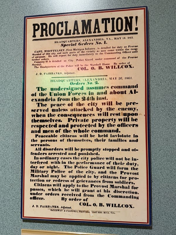 replica of the proclamation made when the civil war started and the Union took control of Alexandria