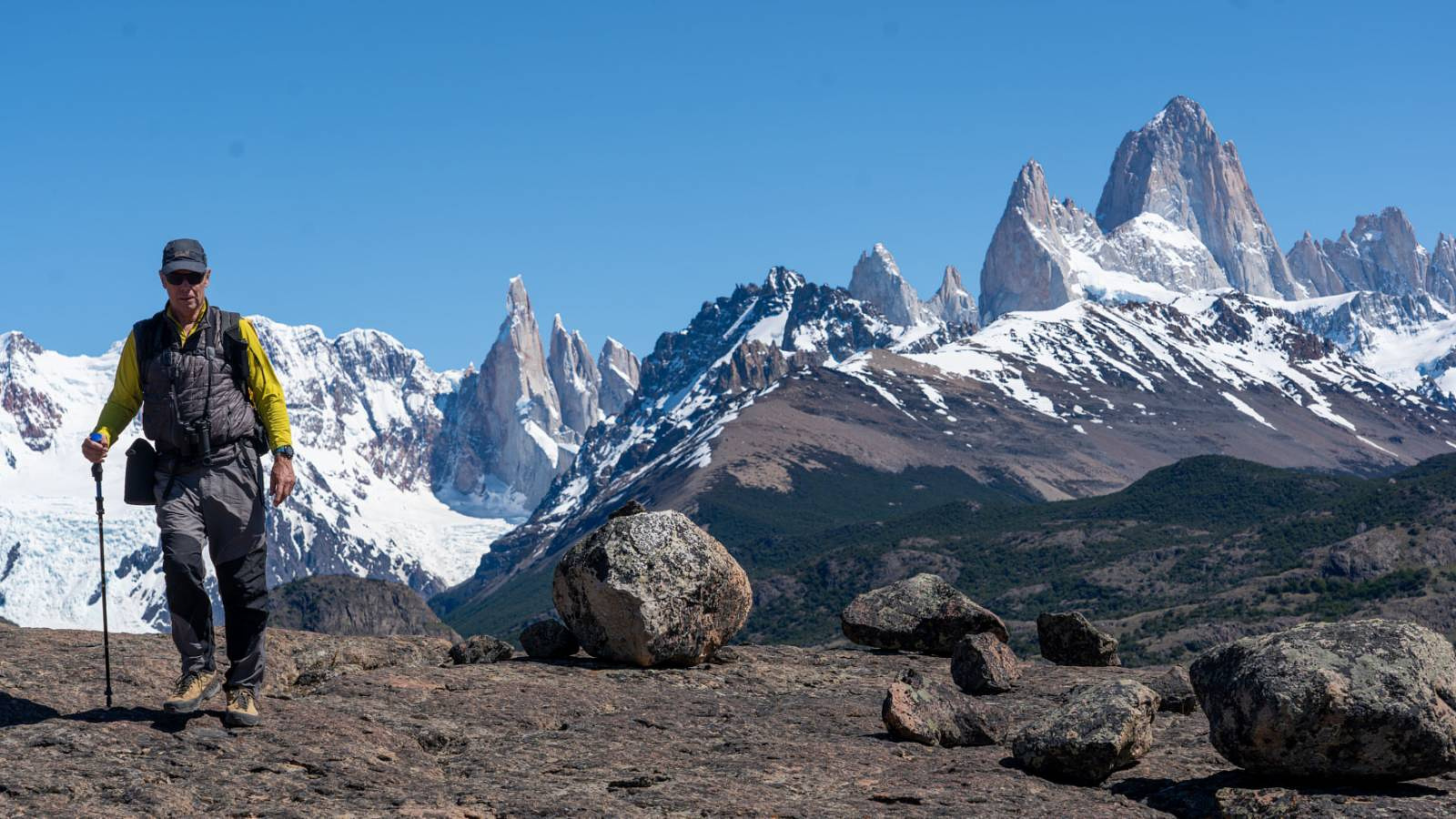 I'm walking away from the Cerro Torre and Mt Fitzroy skyline