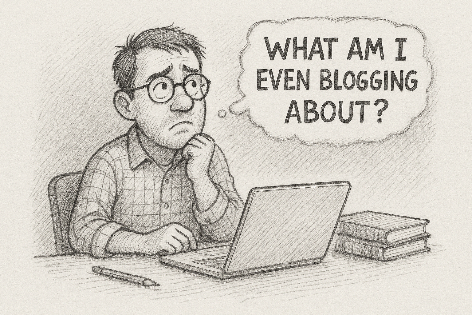 Hand-drawn black-and-white pencil illustration of a thoughtful man sitting at a desk with a laptop and books. He looks puzzled, resting his chin on his hand, with a speech bubble above his head that reads, “What am I even blogging about?” The drawing features detailed line work and subtle cross-hatching for shading.