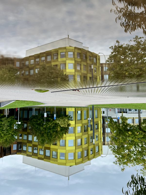 A modern Research building with bright green and yellow Colours, reflected in a puddle. The whole picture is turned upsidedown.