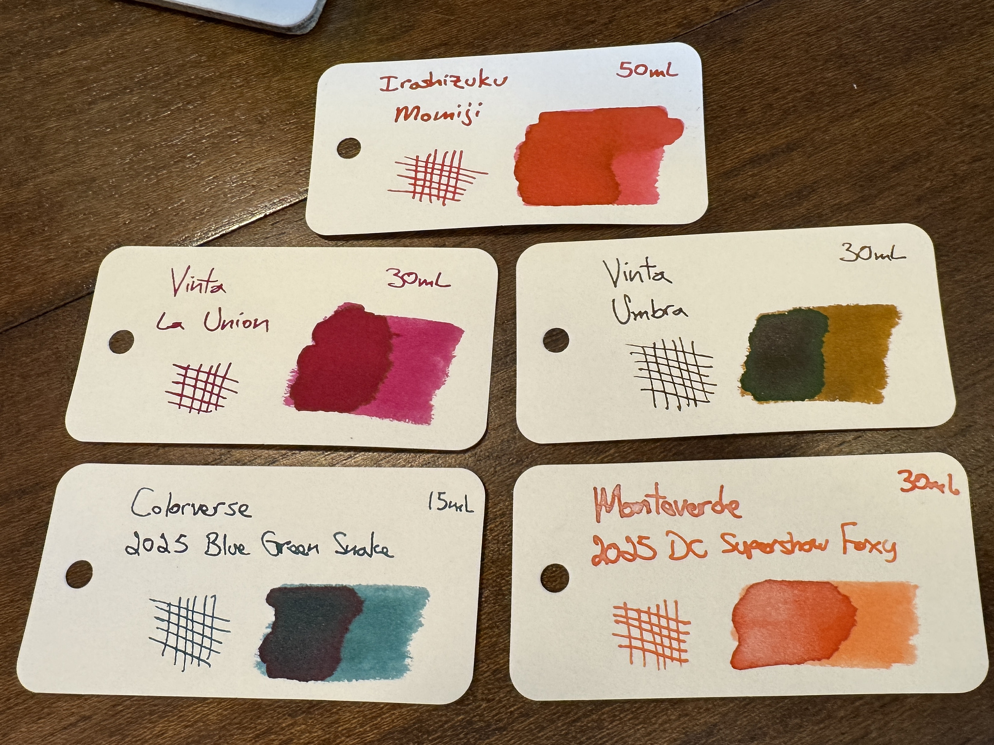 Five ink cards with the ink colors swatched on them