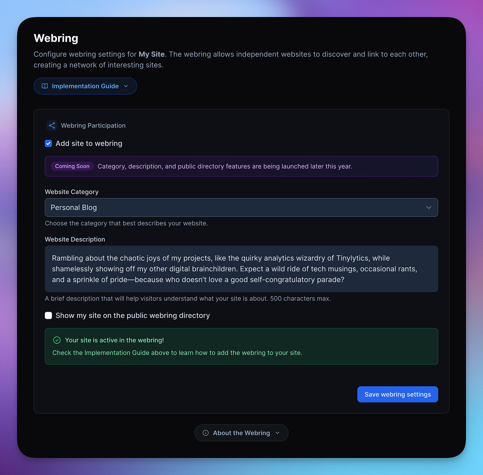 Webring settings showing website category selector, a website description input field and a toggle to show the site in a public directory.