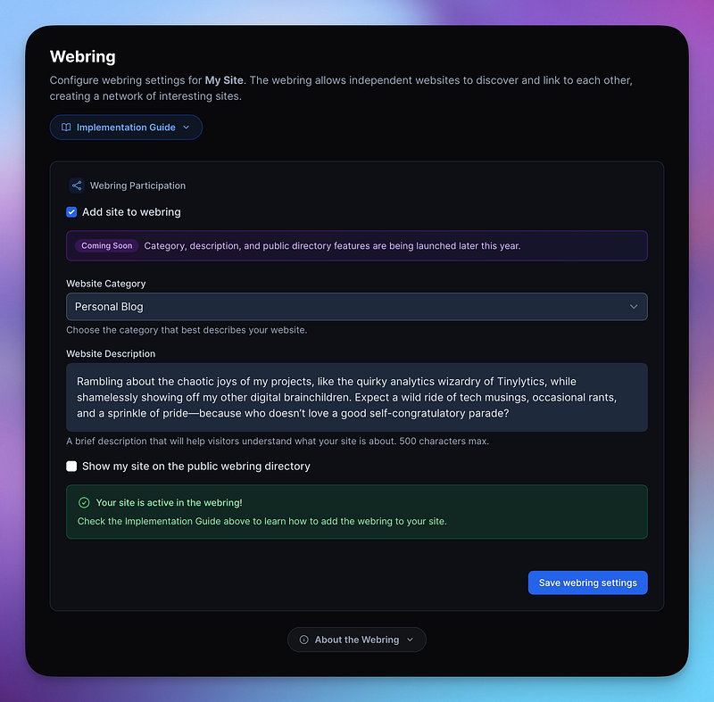 Webring settings showing website category selector, a website description input field and a toggle to show the site in a public directory.