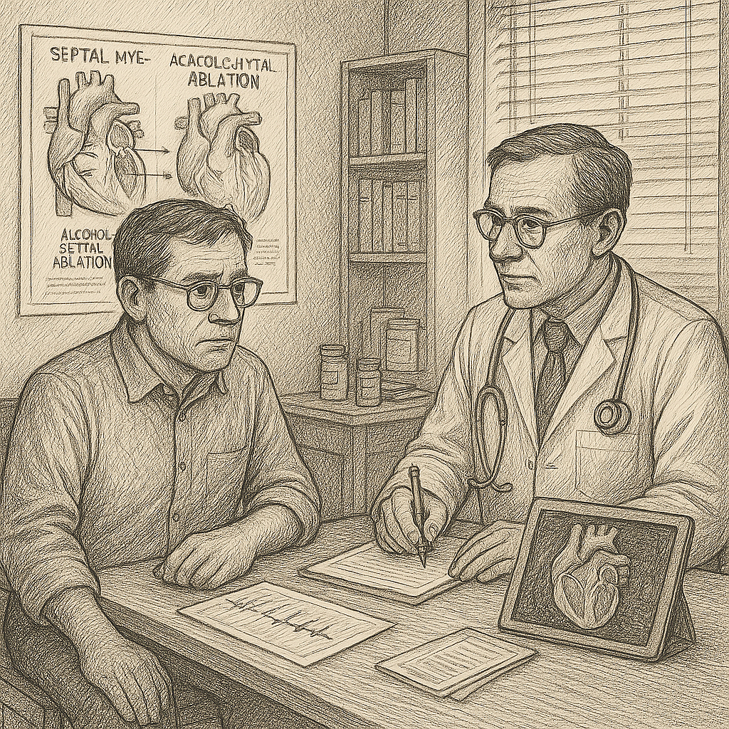 Detailed pen-and-ink illustration showing a patient consulting with a cardiologist in a medical office. The patient, a middle-aged man with glasses, sits at a wooden desk, looking thoughtful. Across from him, the doctor wears glasses, a tie, and a stethoscope, leaning forward while writing on a notepad. On the desk lie medical charts and a tablet showing a heart image. Behind them is a wall poster labeled “Septal Myectomy” and “Alcohol Septal Ablation,” a bookshelf, and a window with blinds filtering soft light.