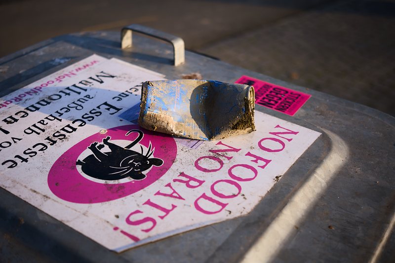 A crushed can lies on top of a metal trash bin. The bin is labeled with a sign featuring a cartoon rat and the text "NO FOOD, NO RATS!" alongside some German words. The sign has a white background with a pink circle and text. The can is dirtied and shows weathering marks. Sunlight casts shadows on the bin, highlighting the texture and condition of the can.