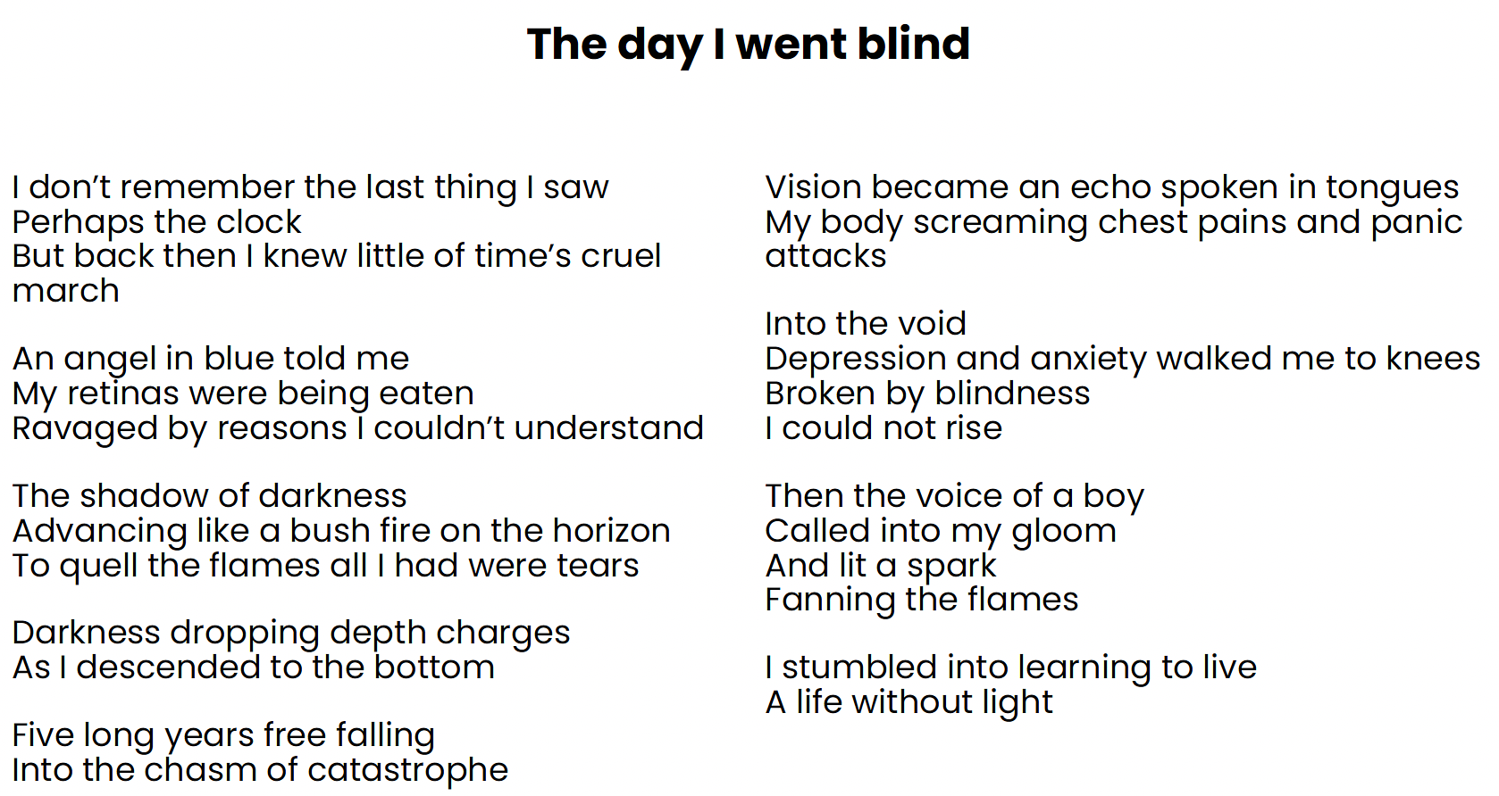 The day I went blind
I don’t remember the last thing I saw
Perhaps the clock
But back then I knew little of time’s cruel march
An angel in blue told me
My retinas were being eaten
Ravaged by reasons I couldn’t understand
The shadow of darkness
Advancing like a bush fire on the horizon
To quell the flames all I had were tears
Darkness dropping depth charges
As I descended to the bottom
Five long years freefalling
Into the chasm of catastrophe
Vision became an echo spoken in tongues
My body screaming chest pains and panic attacks
Into the void
Depression and anxiety walked me to knees
Broken by blindness
I could not rise
Then the voice of a boy
Called into my gloom
And lit a spark
Fanning the flames
I stumbled into learning to live
A life without light
