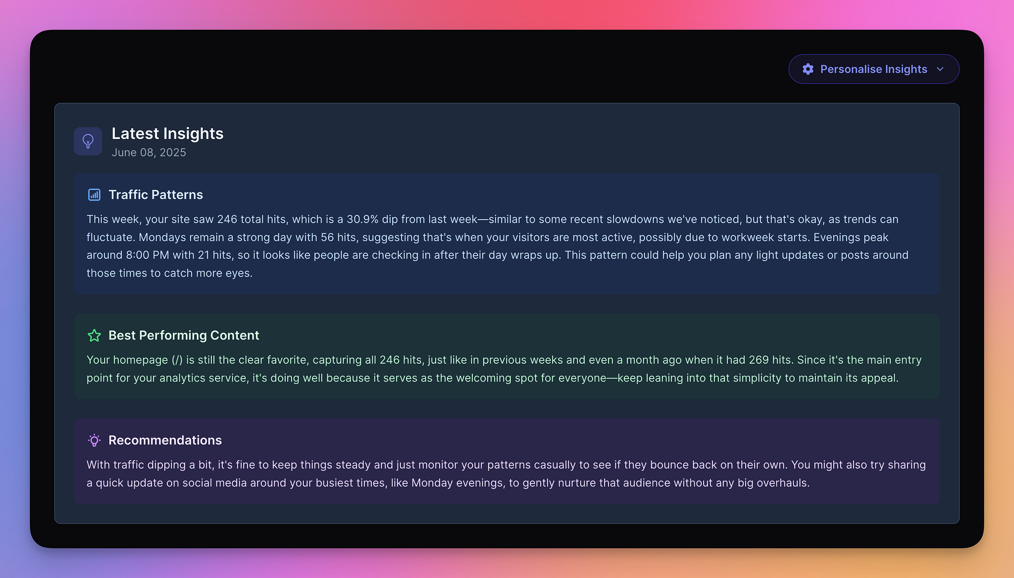 A screenshot of a sample Insights report showing traffic and content highlights.