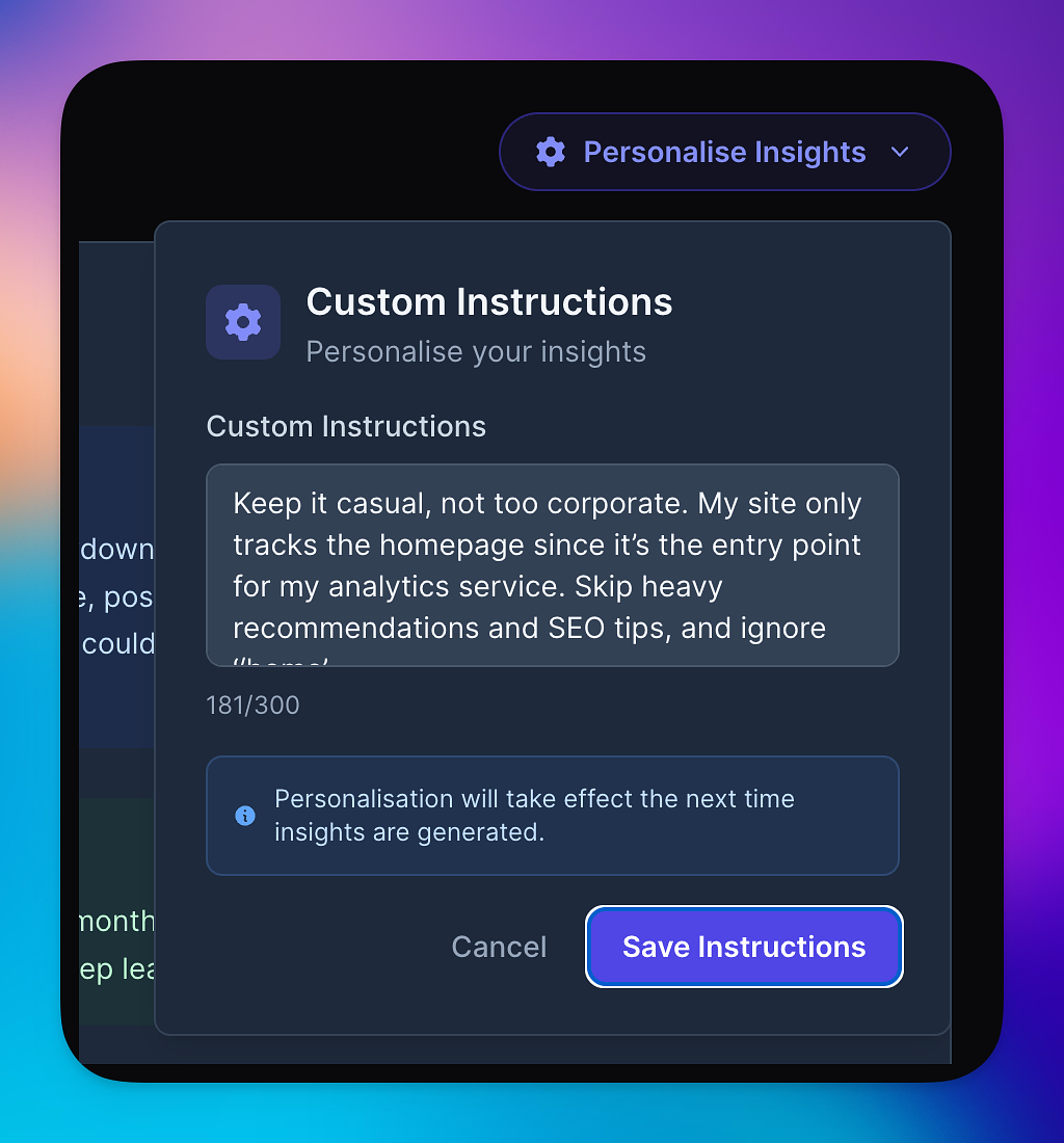 A screenshot of the personalisation settings modal.