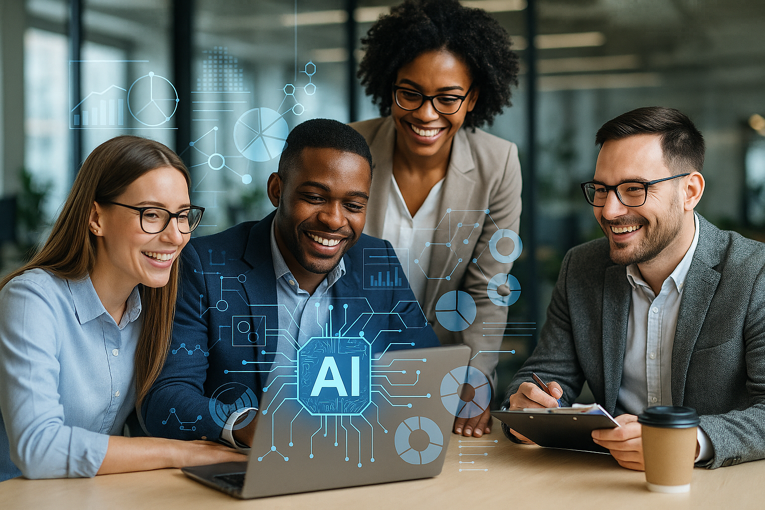Fostering AI Adoption and Literacy - AI generated by Ron Aardening - A high quality photo representing AI adoption and literacy in an organisation, showing diverse professionals collaborating with AI technology, modern office environment, digital interfaces, and a positive, innovative atmosphere