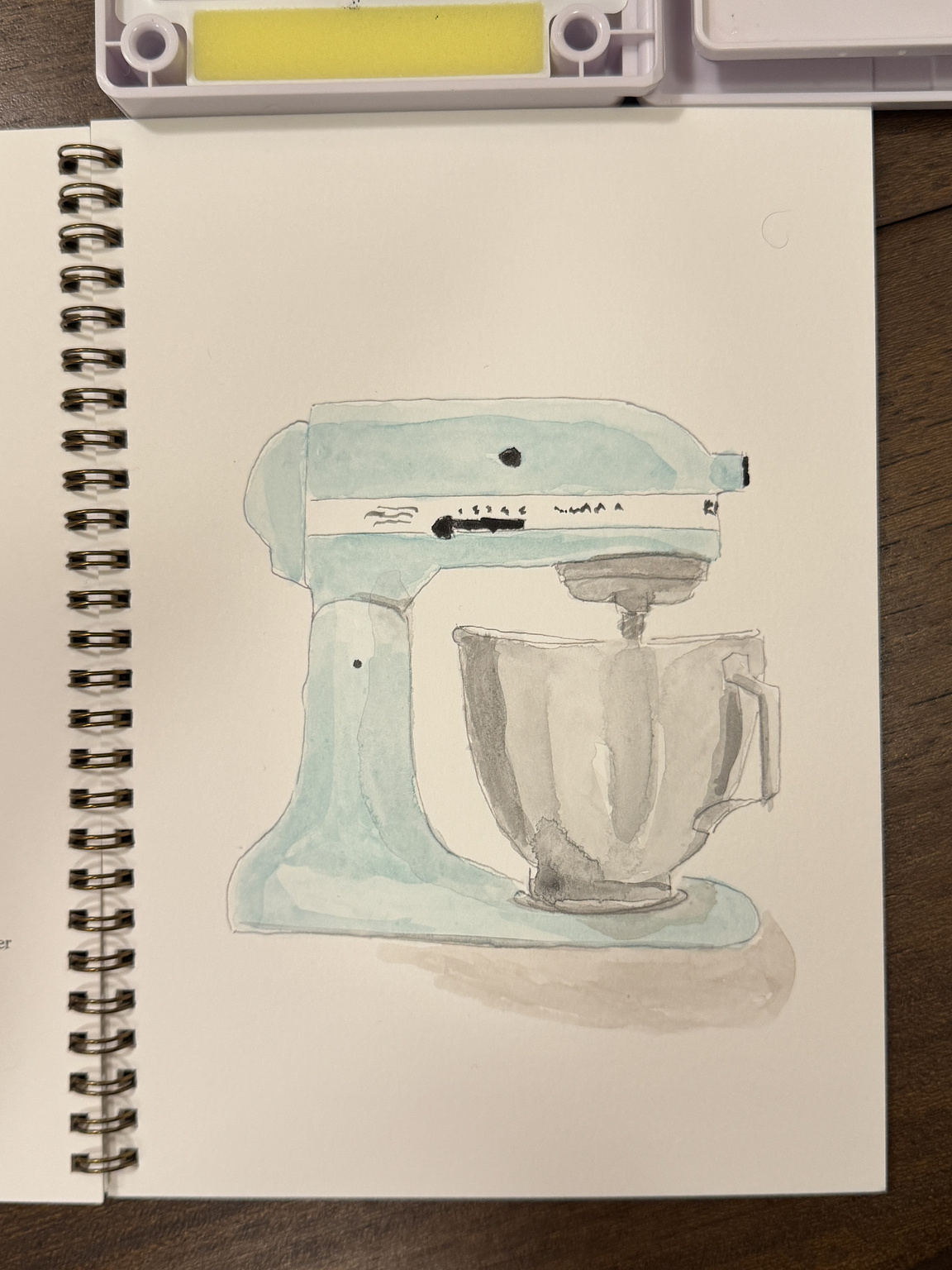 watercolor painting of a standing mixer. mixer is teal, bowl is silver and grey