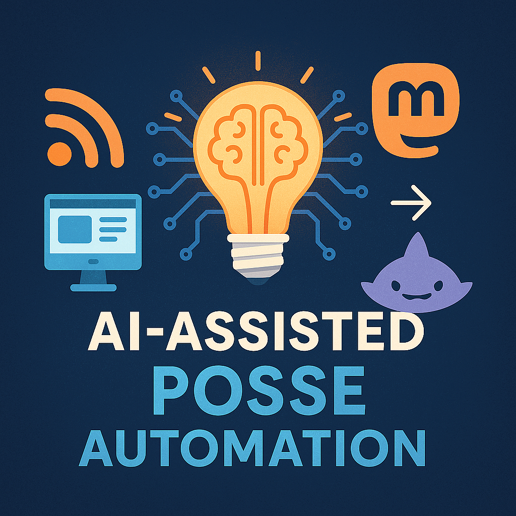 Illustration of AI-assisted POSSE automation, featuring a glowing lightbulb with a brain-shaped filament at the center, symbolizing AI. Surrounding it are icons for RSS, blogging, Micro.blog, and Sharkey, arranged on a dark blue background in a modern, tech-inspired style.
