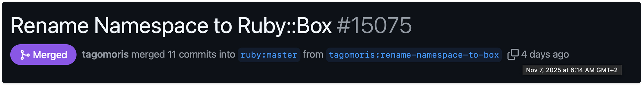 Screenshot of title for a Github PR that says Rename namespace to Ruby:Box
