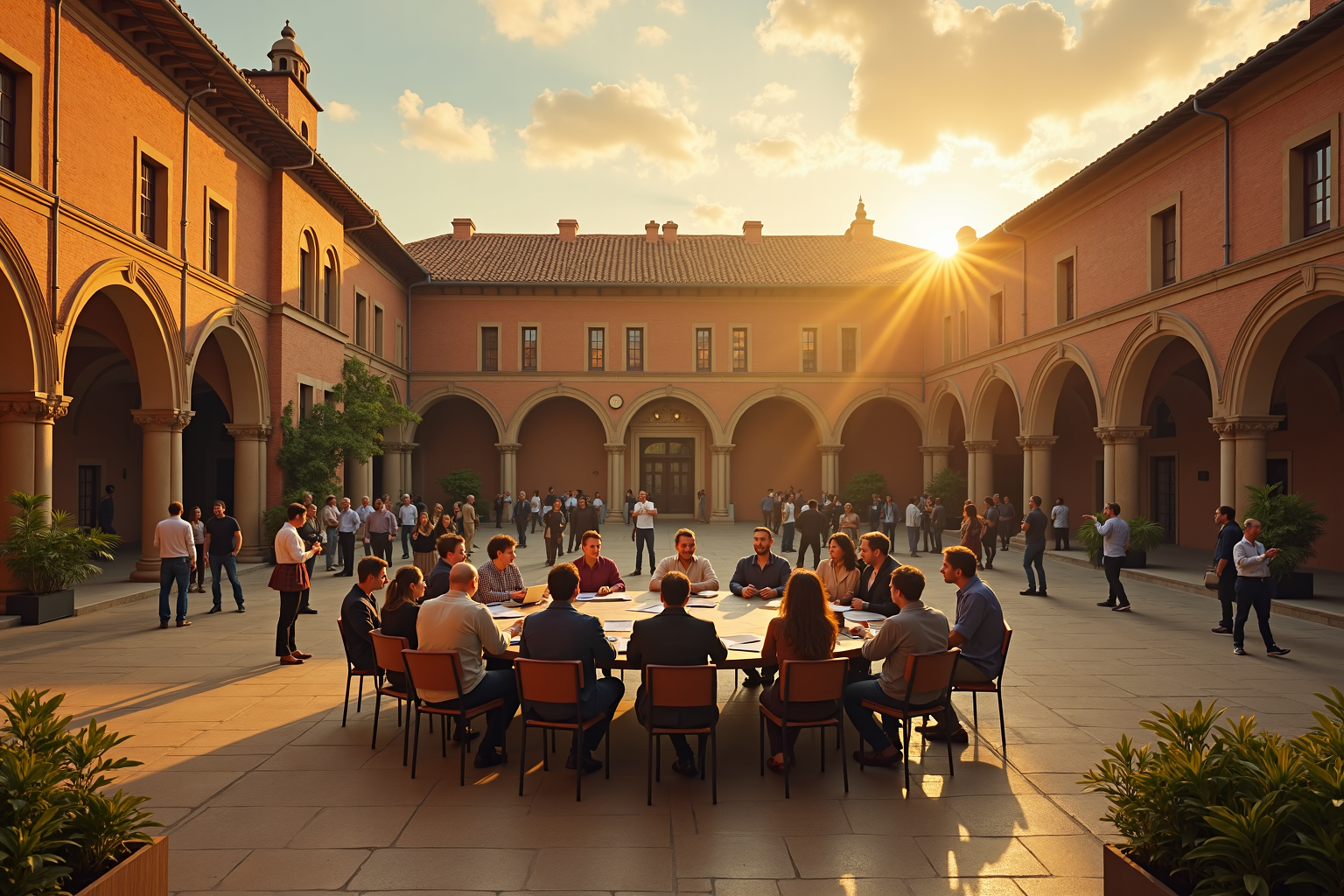 A diverse group of researchers and professionals gather in the historic courtyard of the University of Bologna, exchanging ideas under the warm glow of the setting sun, symbolising the spirit of collaboration at the Bologna Meeting on Open Research Information. By Ron Aardening