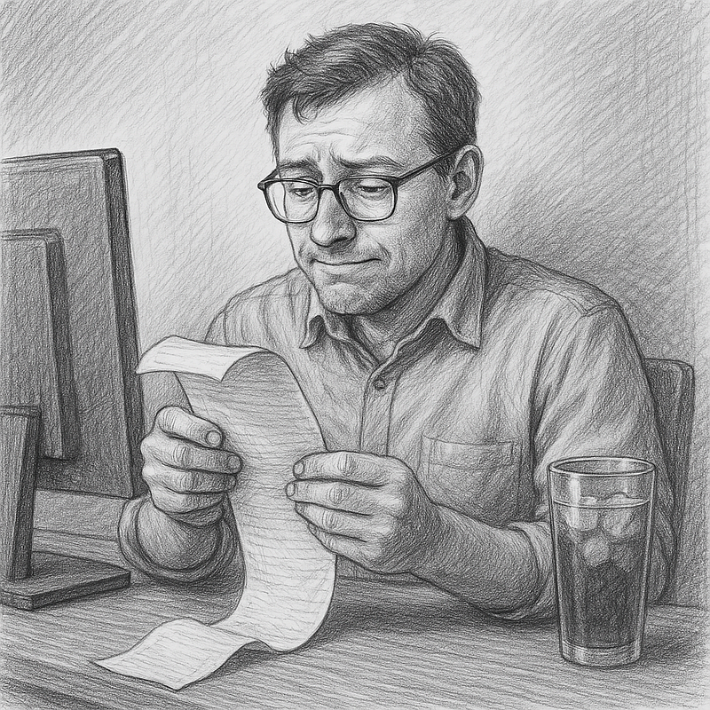  A detailed black and white pencil drawing of a man wearing glasses, sitting at a table with a desktop computer and a glass of iced tea in a Tervis tumbler, thoughtfully reviewing a long receipt. His expression is a mix of slight overwhelm and quiet satisfaction, reflecting the challenge and relief of trimming expenses.