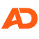 Modern minimalist logo featuring the fused orange letters ‘A’ and ‘D’ forming a single geometric shape on a transparent background.