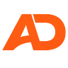 Modern minimalist logo featuring the fused orange letters ‘A’ and ‘D’ forming a single geometric shape on a transparent background.