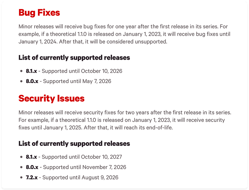 Screenshot of document showing Rails maintanance policy