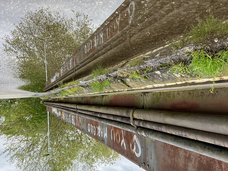 Trainbridge with graffito saying „I love you, Marcello“, which is reflected in a puddle. The Picture ist turned upsidedown.