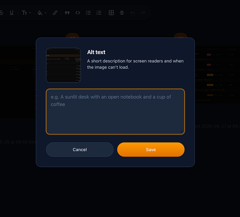 Screenshot of a pop out box showing the a new Scribbles editor function for displaying and editing the alt-text on images.