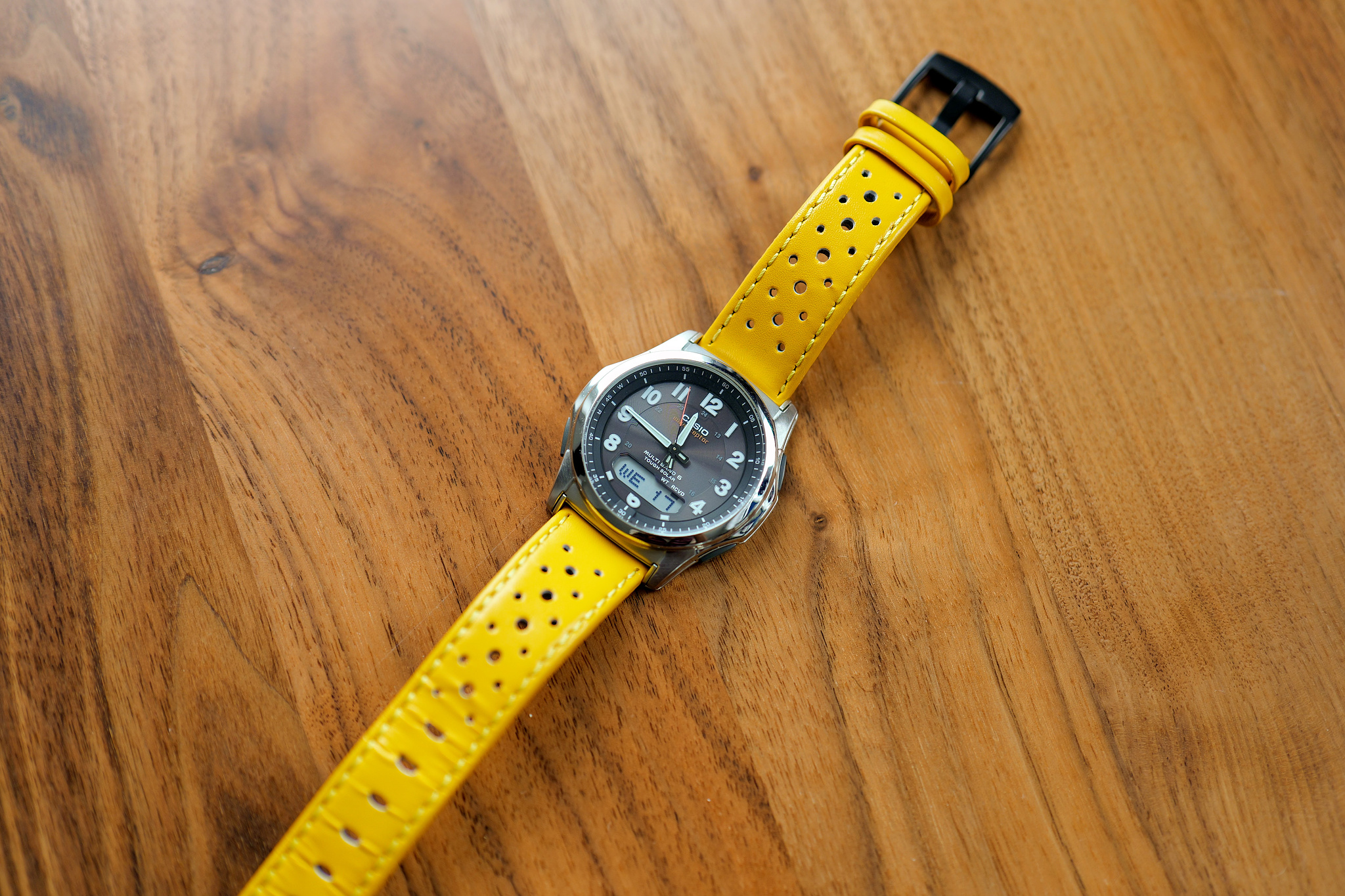 My Casio WVA-M630B-1AJF "Wave Ceptor" watch on an aftermarket strap.
