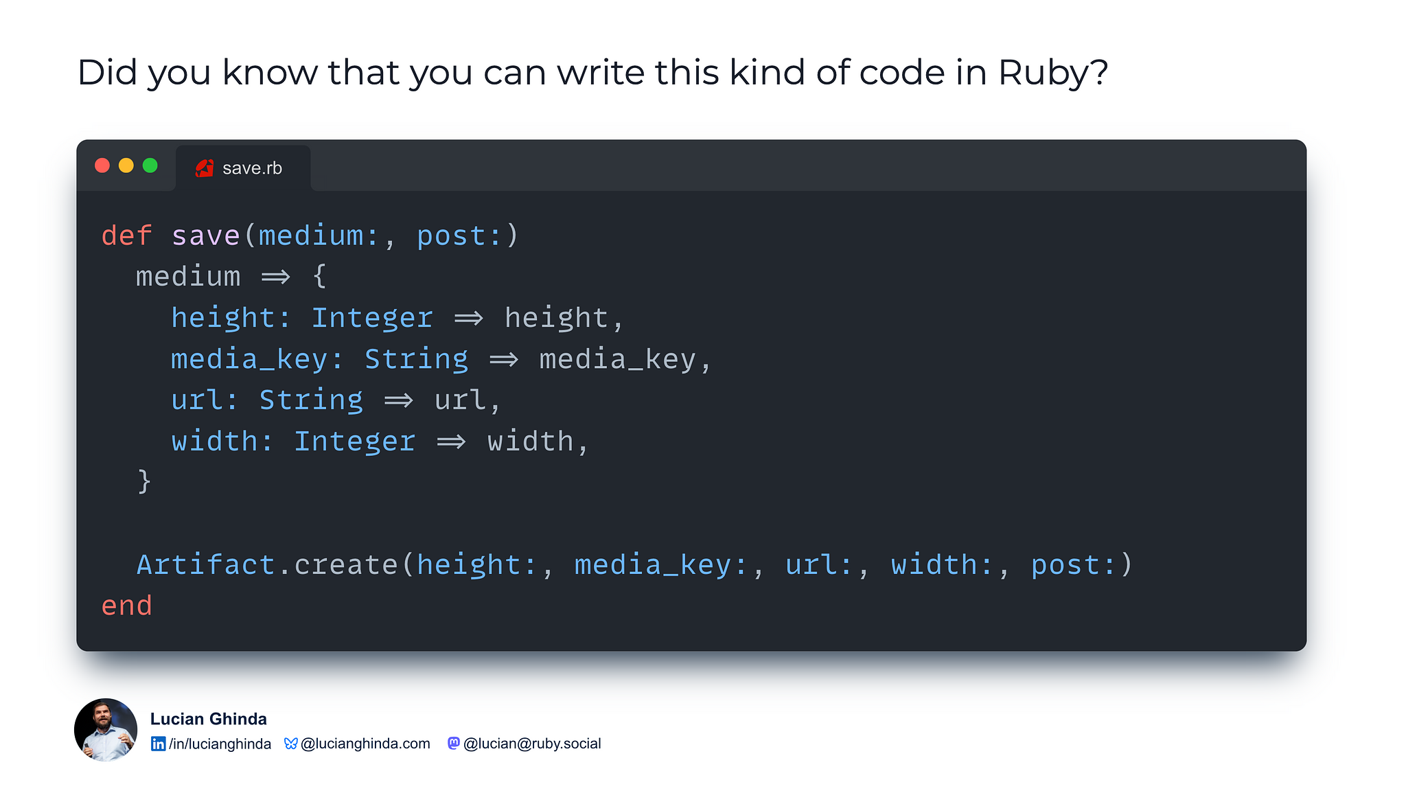Screenshot of ruby code and explanation of what features were used