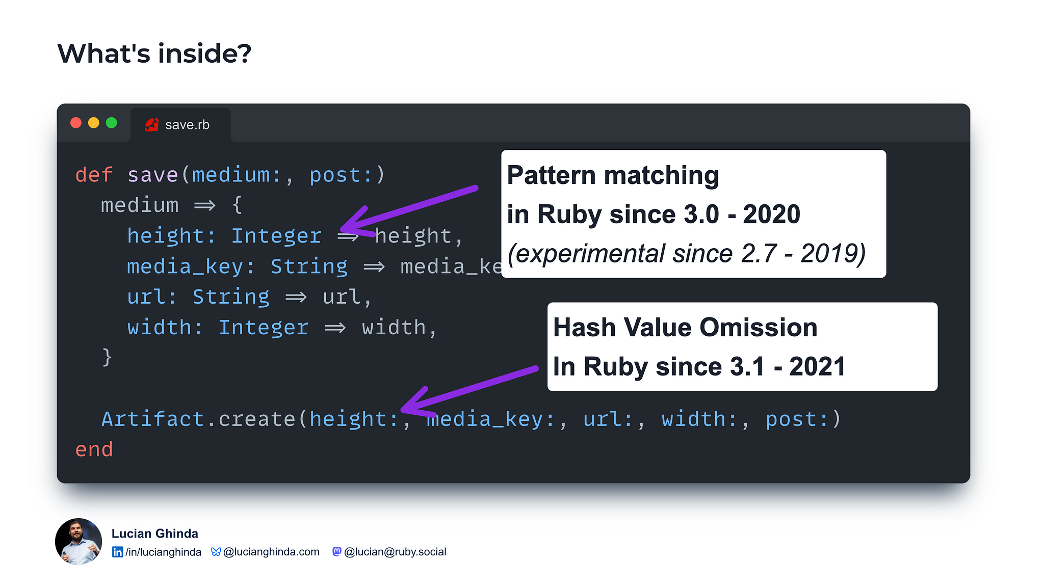 Screenshot of ruby code and explanation of what features were used
