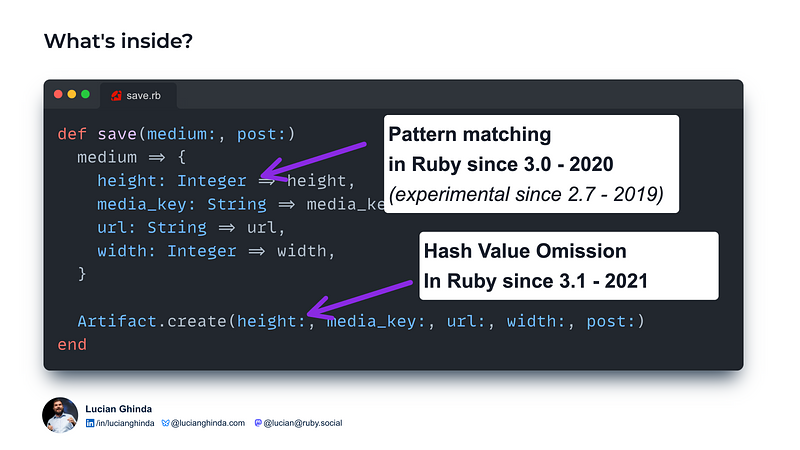 Screenshot of ruby code and explanation of what features were used