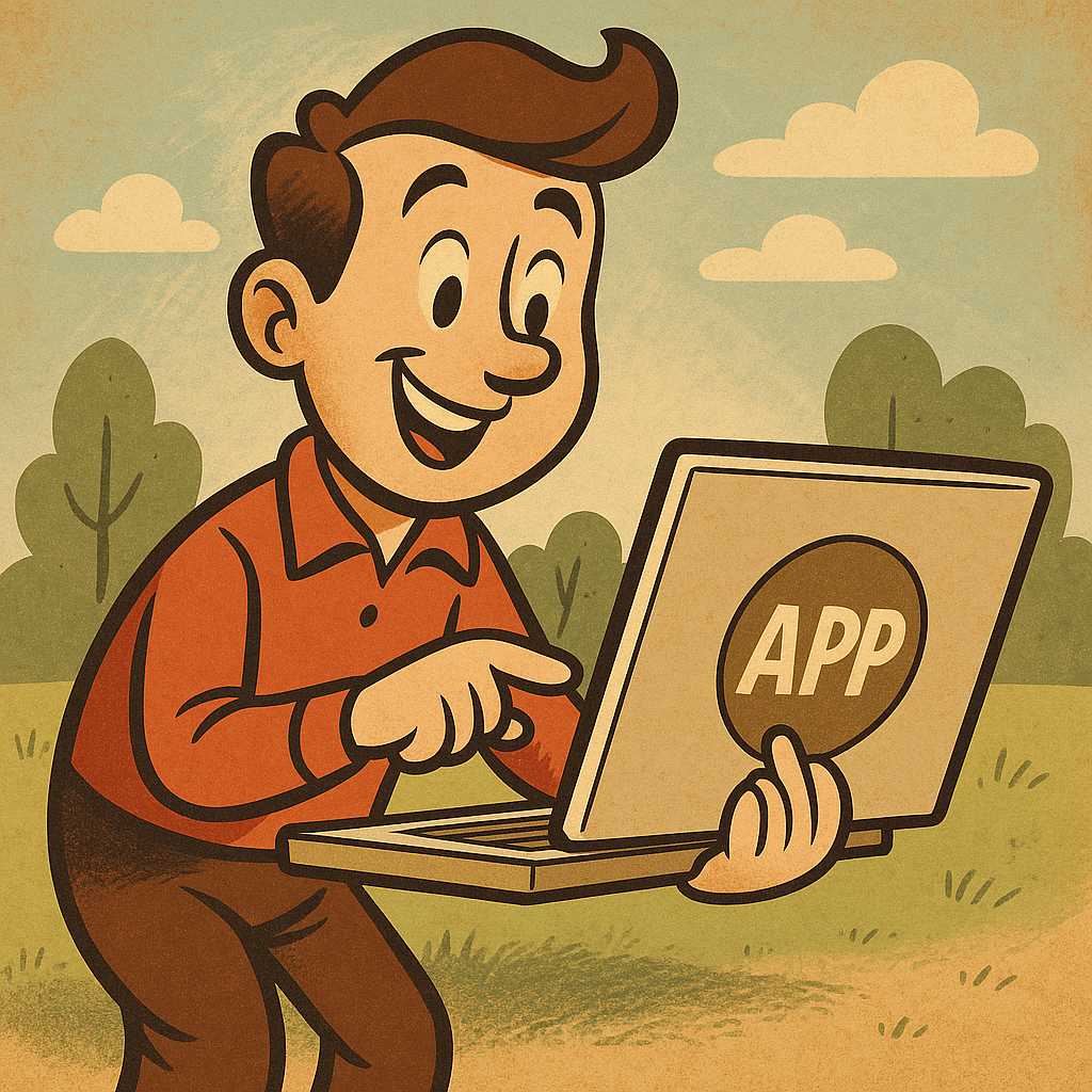Retro cartoon-style illustration of a cheerful young man with rounded features and thick outlines, holding a clipboard labeled "App Approval." He stands outdoors against a soft, painterly background with muted warm colors and subtle gradients, evoking a nostalgic 1950s animation feel