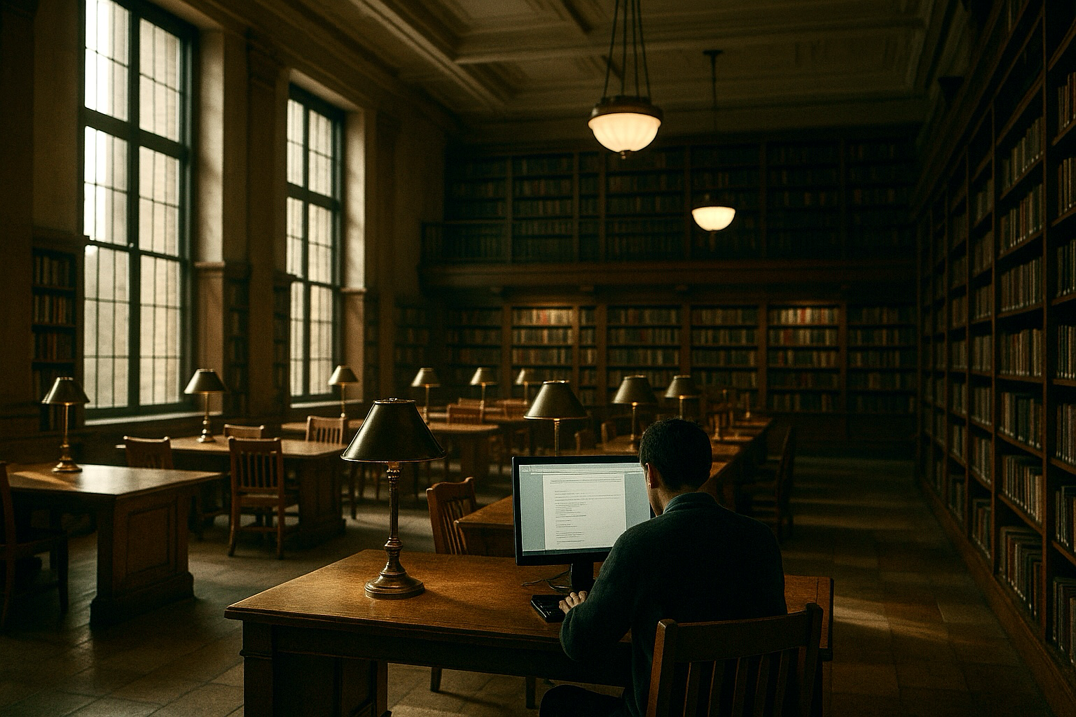 Image by Ron Aardening - A high-resolution, landscape-oriented image in the style of contemporary editorial and travel photography of a modern library interior. In the foreground, a researcher sits at a workstation, their screen casting a subtle glow. The mood is contemplative, blending tradition and technology, with a cinematic use of shadow and a rich, timeless colour palette.