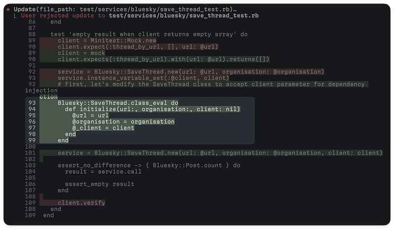 Claude Code proposing to use class_eval to update the initializer