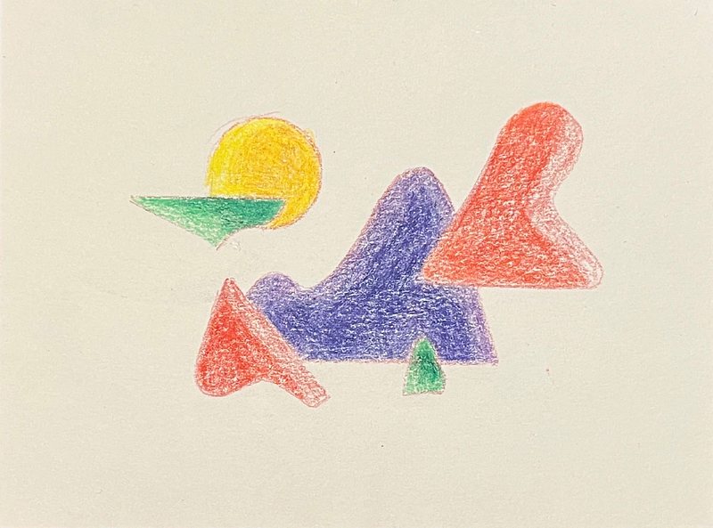 Coloured-pencil abstract drawing that looks like a floating landscape