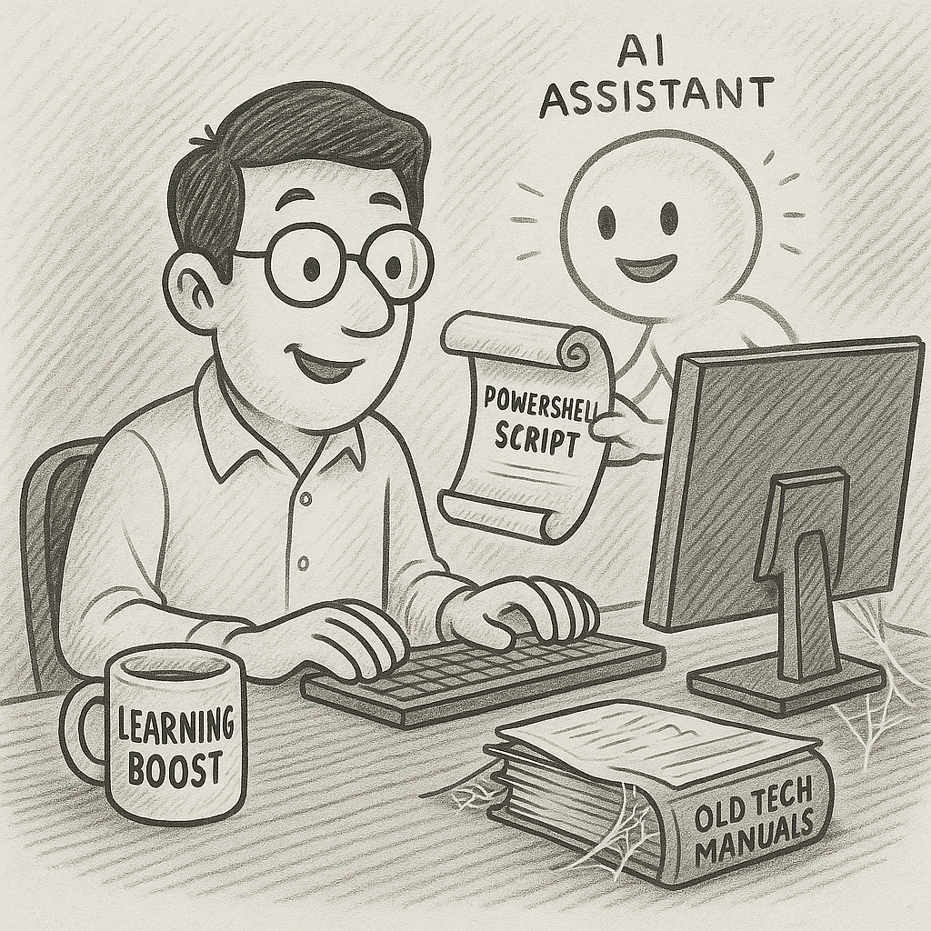Cartoon of a man at a computer receiving a “PowerShell Script” from a glowing AI assistant, with a “Learning Boost” mug and dusty tech manuals nearby.