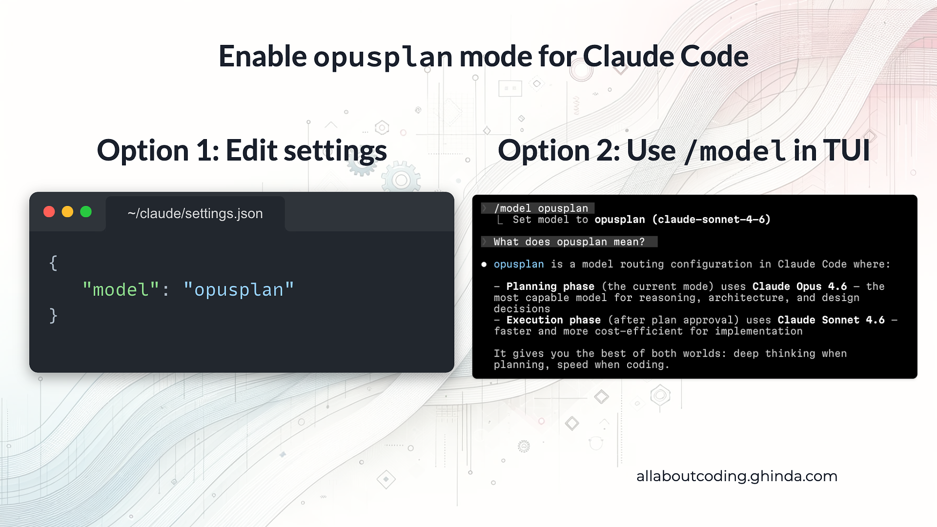 Instructions for enabling opusplan mode in Claude Code through settings edit or TUI command, highlighting its planning and execution phases.