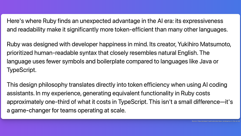 Screenshot about the advantage of Ruby in the AI era