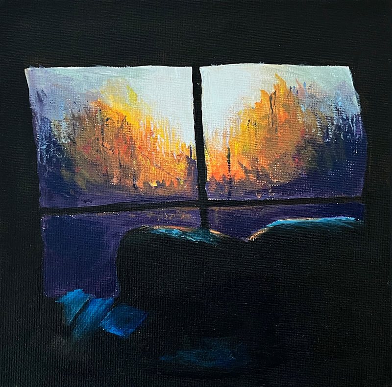 Painting of an interior view of a sunrise through a ranchslider