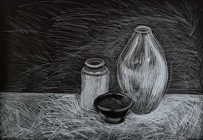 Black-and-white drawing of three vessels on a table