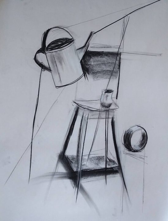 Charcoal drawing of a still-life setup