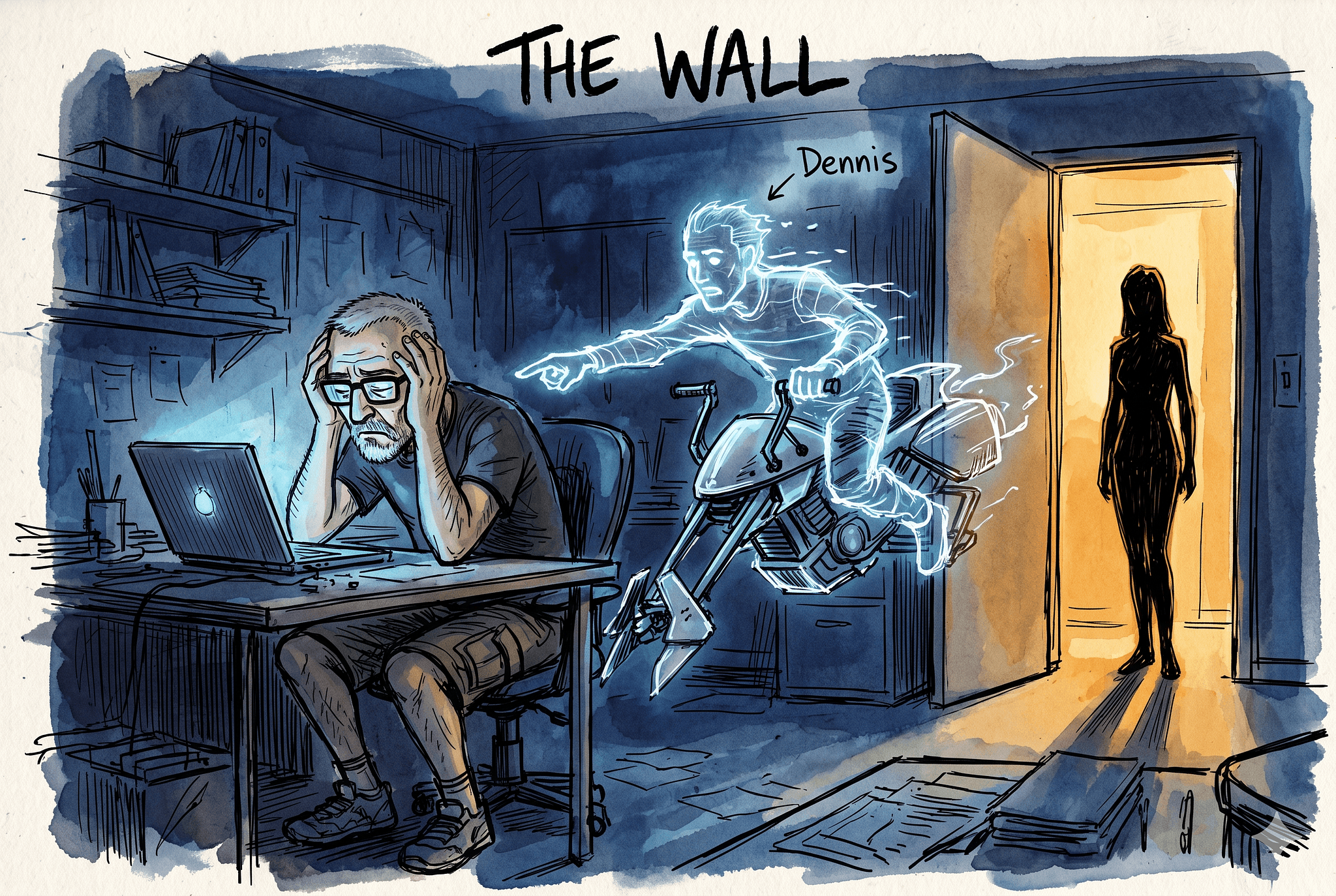 Andy’s staring at the screen again. The analytics. A flat line. It looks like the heart rate of a man who’s been dead since the mid-nineties.

—Nothing, he mutters.

He looks at his manuscript. Thousands of words. A mountain of words. And for what? He could have spent that time learning to play the guitar or getting out taking photographs. Something, anything more useful.

He heads downstairs. Mary’s there, reading something on her phone.

—I’m done, he says.

—Done with what?

—The writing. The blog. The novel. The whole bloody deal. Nobody’s reading, love. It’s like shouting into a skip.

She doesn’t look up.

—Did you enjoy writing that bit about the Phantom called Dennis?

—Yeah, but—

—And the bit about the green alien hands?

—Well, yeah.

—Then keep going.

—But the stats—

—What are you on about, then?

He blinks. Goes to speak. But nothing comes out. He tries again, but still nothing.

—You’re a writer she says, finally looking at him.

—You’ve always been a writer. You happened to get a job in IT to pay for the biscuits. If you stop writing, you’ll be a grumpy dev lead with a twitchy hand. And nobody wants that in the house.

He stands there. The logic is annoying. But annoying because he knows it is true.

—Brew? he asks.

—Go on then.

He goes back into the kitchen. He looks at his hands. Still a bit of green under the fingernails from Sunday. He thinks about the “Return of the J-Cloth.” He chuckles.

He’s not writing for the bots. He’s not even writing for the Kagi rebels. He’s writing so he doesn’t become the “clumsy walrus” with nothing to say.

He goes back up to his office. Opens the blog.

The Empire Strikes a Match.

—Right then, Dennis, he says to the empty room.

Andy and the wall