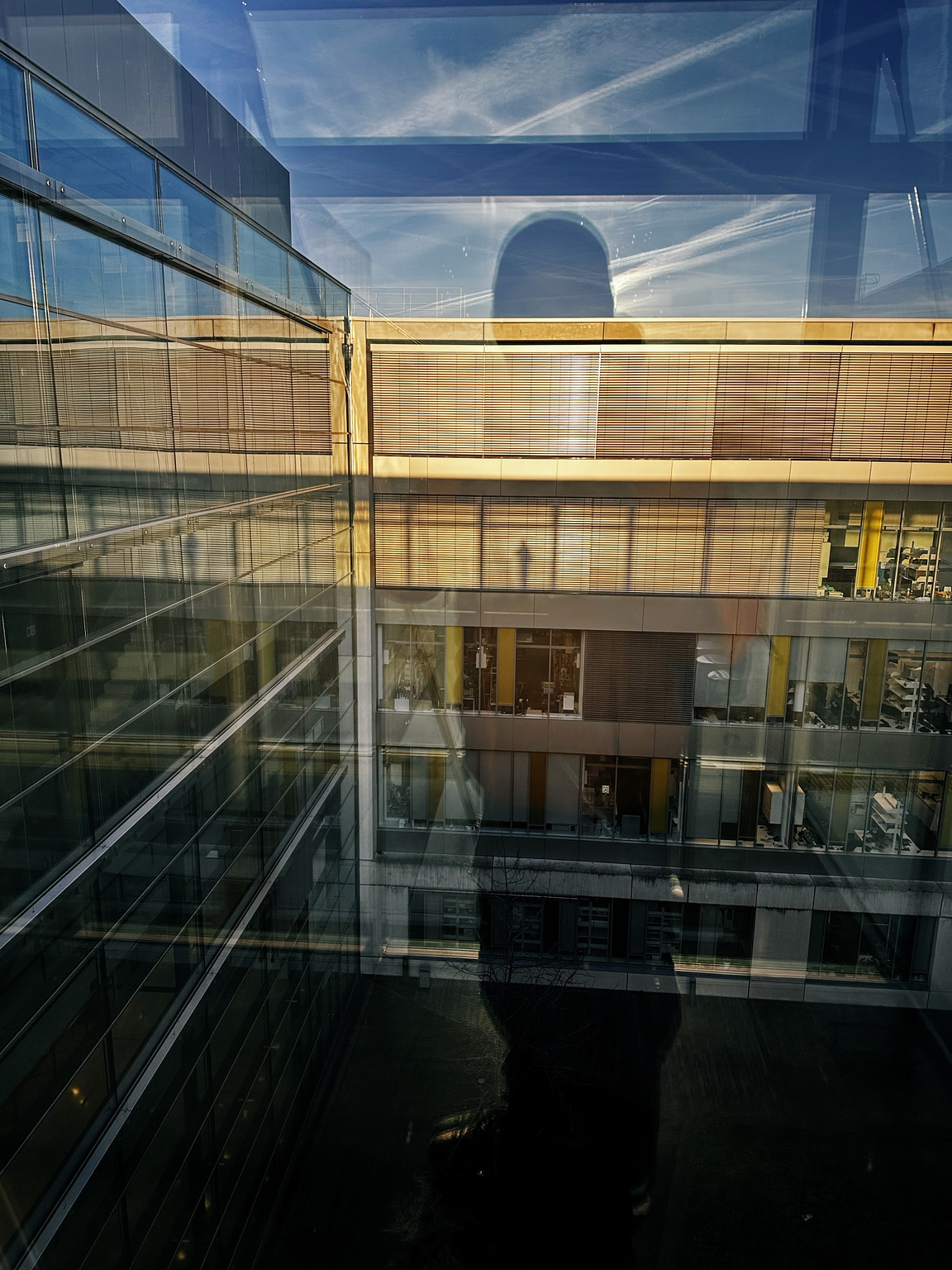 A reflective photo showing a modern glass office building with several floors. The windows reflect a blue sky with wispy clouds and contrails. The silhouette of a person is visible in the reflection, creating an abstract blend of interior and exterior elements. The interior office spaces have large windows with blinds, and some office furniture can be seen.