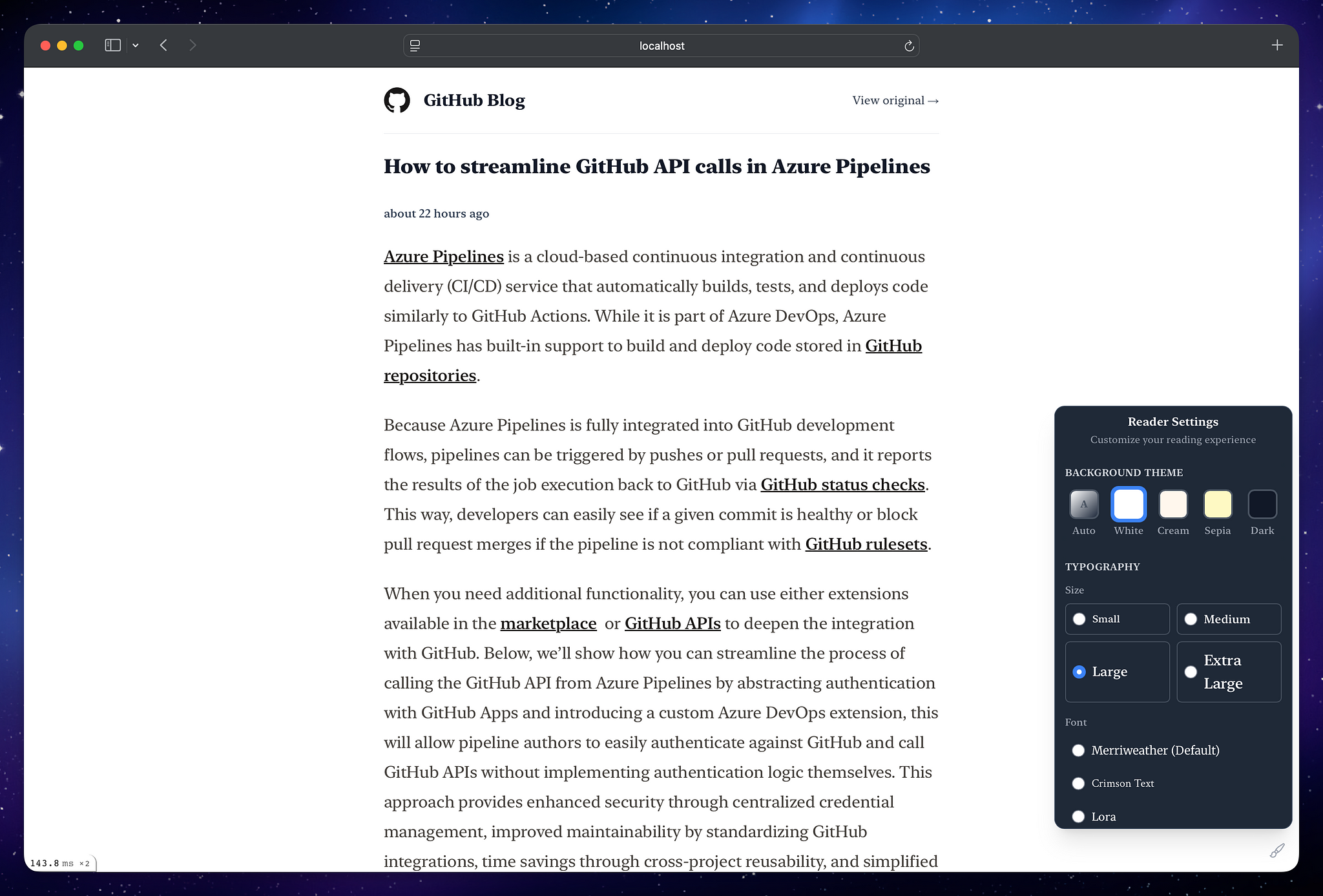Reader settings showing on the bottom right with options for themes and font options like size.