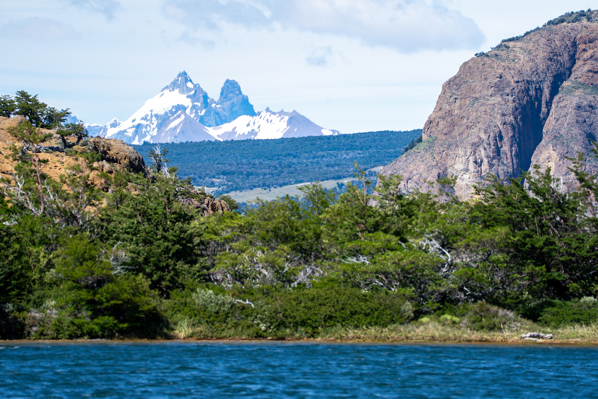 View over the lake to the impressive peak way to the south